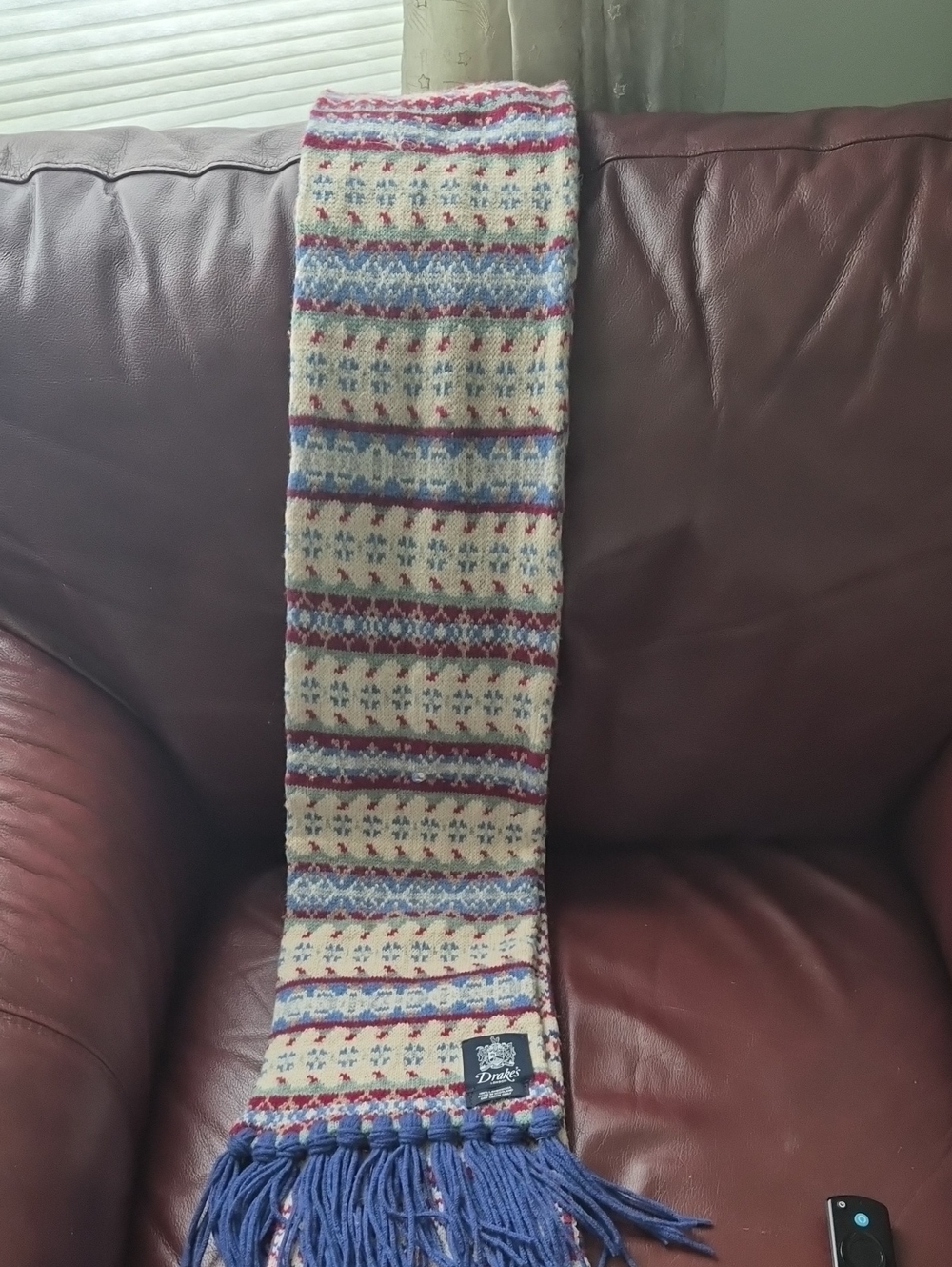 Drake's London Fair Isle Lambswool Scarf Made in Scotland Fringe